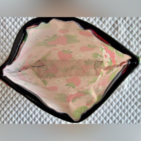 New Strawberries & Flowers Pink Makeup Cosmetic Tech Pencil Bag w/ Charm - 9.5” - Picture 6 of 6